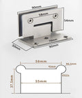 Heavy Duty Brushed 304 Stainless Steel 90 Degree Glass Shower Door Hinges For Bathroom Tub Frames showing dimensions and design.