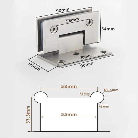Heavy Duty Brushed 304 Stainless Steel 90 Degree Glass Shower Door Hinges For Bathroom Tub Frames showing dimensions and design.