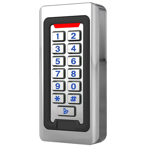 Front view of Stainless Steel Outdoor Door Access Control Keypad With Backlit Pad And Built-In Doorbell Button, Tough-As-Nails IP68 Weatherproof.