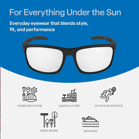 Sleek Lightweight Safety Glasses With No Sweat Anti Fog And Scratch Resistant Lenses Non Slip Sport Frame displayed over blue background.
