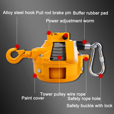 Badass Heavy Duty Retractable Tool Balancer with One Point Five Meter Steel Wire Rope and Swivel Hook for Garage Setup and Rig Suspension Handling Two Hundred Kilograms Without A Fuss, showing alloy steel hook and wire rope features.
