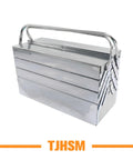 Premium 18 Inch Stainless Steel Folding Tool Box With Cantilever Multi Tray Organization And Comfortable Carry Handles side view with four trays.