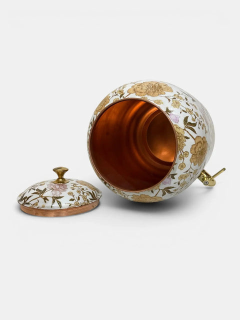 White Enamel Copper Water Dispenser With Lid And Tap, Handmade Indian Pot, floral design, open view with lid and tap side