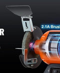 Close-up of 6 Inch Bench Grinder With 2.1A Brushless Motor Churning At 3550 RPM for efficient grinding and polishing.
