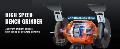 Close-up of 6 Inch Bench Grinder With 2.1A Brushless Motor Churning At 3550 RPM for efficient grinding and polishing.