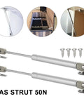 Heavy Duty Four Piece Gas Strut Cabinet Door Lift Support Kit With Pneumatic Rod Hydraulic Spring Hinges in silver finish.