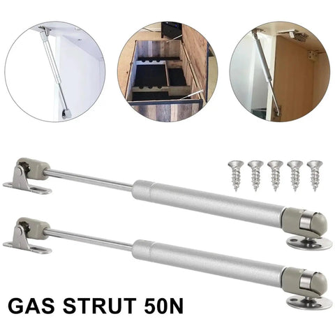 Heavy Duty Four Piece Gas Strut Cabinet Door Lift Support Kit With Pneumatic Rod Hydraulic Spring Hinges in silver finish.