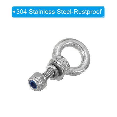 Close-up of M3 X 9mm Lifting Shoulder Eye Bolt Set, 8 Pack in 304 Stainless Steel With Nuts, Washers and Gaskets, highlighting rustproof material.