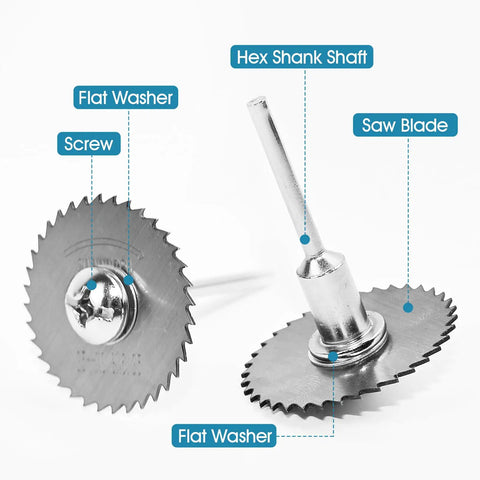 Heavy Duty 9 Piece Drill Cutting Wheel And Saw Bit Set For Rotary Tool With One Quarter Inch Hex Shank, close-up view