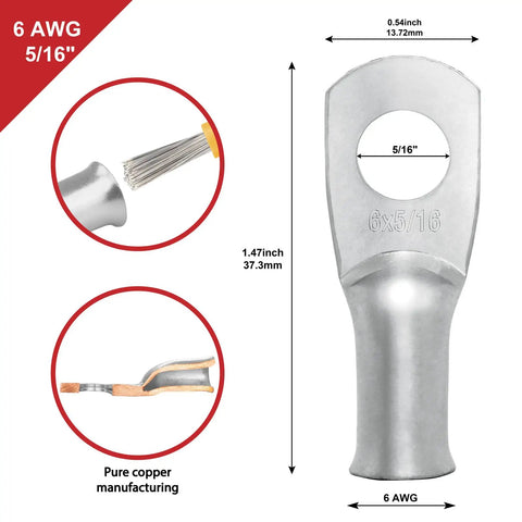 Diagram and measurements of 6 AWG 5/16 inch tinned copper ring terminal from 10 Pieces 6 Gauge 5/16 Inch Wire Connectors With Tinned Copper Ring Terminals Marine Grade Battery Lugs Includes 3 To 1 Dual Wall Heat Shrink Tubing For Heavy Duty Secure Electrical Connections