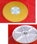 Tempered Glass Swivel Turntable 360 Degree Rotating Serving Tray With Large Base Lazy Susan, gold base, top and bottom view.