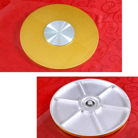 Tempered Glass Swivel Turntable 360 Degree Rotating Serving Tray With Large Base Lazy Susan, gold base, top and bottom view.
