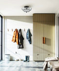Modern Black Ceiling Light With Scalloped Clear Glass Shade Semi Flush Mount Fixture in bright hallway setting