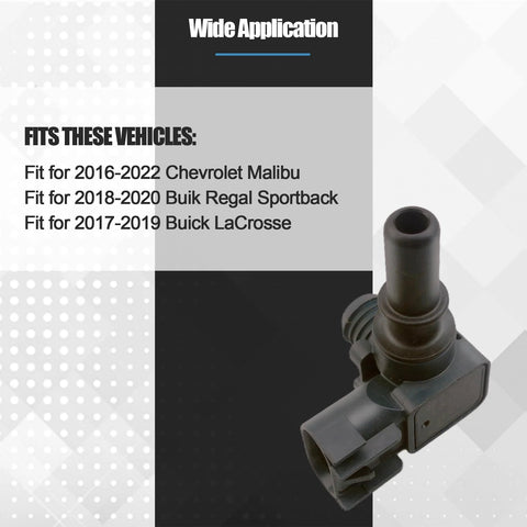 Power brake booster vacuum sensor, side view, black plastic with electrical connector.