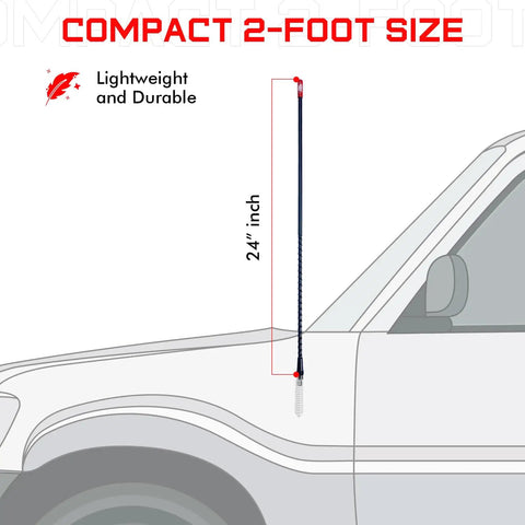 Diagram of 2-Foot Fiberglass CB Radio Antenna With VibraSorb Anti-Breakage Design on vehicle, pre-tuned to 26-29.5 MHz, black mast.