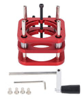 Premium Aluminum Router Table Base With Four Jaw Clamping System And Fifty One Millimeter Precision Lift Featuring Stainless Support Rods For Hardcore DIY Woodworking Projects Built Like A Tank, showing red aluminum clamping base with support rods.
