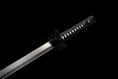 Close-up of Handmade Full Tang Samurai Katana Black Ninjato Ninja Sword Replica Battle Ready Spring Steel Blade, handle view.