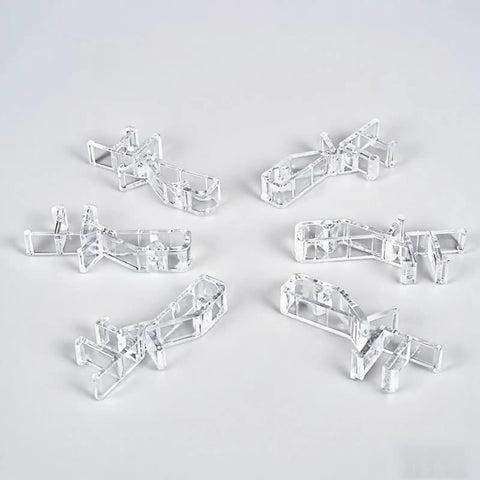 Clear Hidden Channel Valance Clips 1-7/8 Inch Set Of 22 For Wood And Faux Wood Blinds, Heavy Duty Plastic window hardware pieces on a white background.