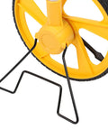 Close-up of yellow wheel and black support of Premium Telescopic Digital Measuring Wheel With Backlit LCD Screen And Roll Tracker For Massive Distance Projects Achieving Sick Precision Up To 100000 Ft With Easy Metric Imperial Switches And Reliable Memory Storage.