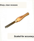 6008 Dovetail Chisel Chuck Accessory For Wood Lathe with wooden handle and sharp steel blade, showing clean recesses.