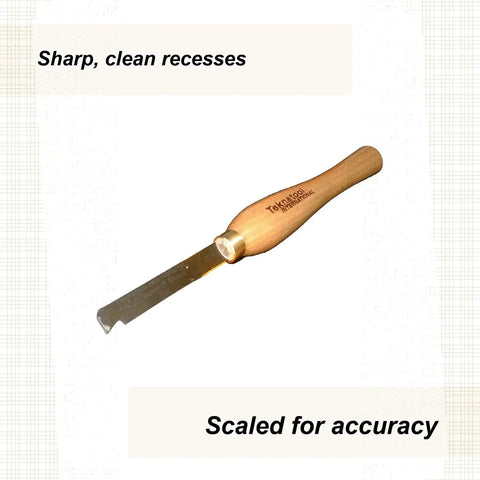 6008 Dovetail Chisel Chuck Accessory For Wood Lathe with wooden handle and sharp steel blade, showing clean recesses.
