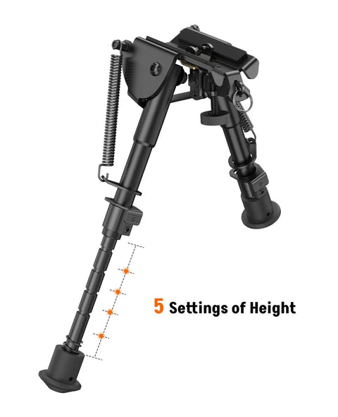 Adjustable Rifle Bipod 6 To 9 Inches showing 5 height settings, lightweight aluminum build with heavy duty non-slip feet