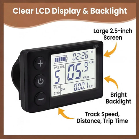 Two Point Five Inch Backlit LCD Display For Electric Scooters, Crisp Speedometer Odometer And Voltage Meter, Wireless Handlebar Computer Fits 22.2mm Bars, Supports 24V 36V 48V Systems, Protocol No 2, Easy Readout On Every Ride