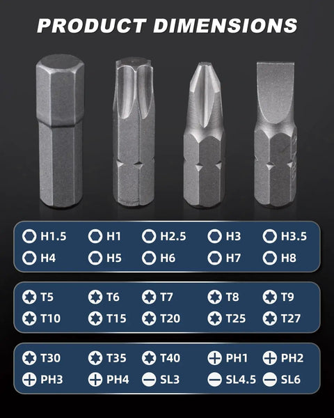 Magnetic 31-Piece Quarter Inch Bit Driver Set with Nut Driver and Magnetic Bit Holder, CR-V Steel, Hex, Torx, Phillips bits displayed