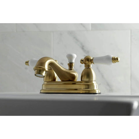 4 Inch Centerset Bathroom Faucet In Brushed Brass, Solid Brass Construction, Drip Free Ceramic Disc, Deck Mount For 3 Hole Install