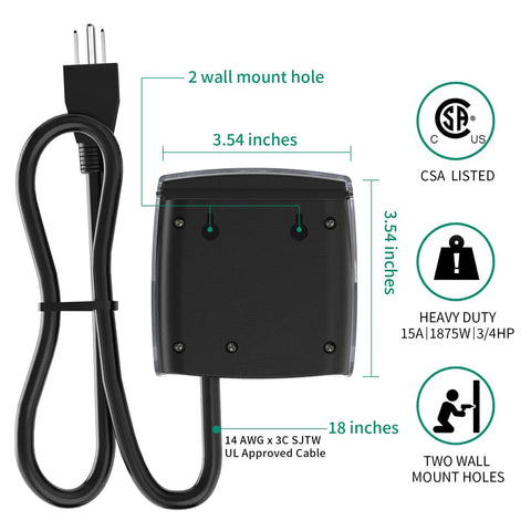 Heavy Duty Mechanical 24 Hour Outdoor Timer Outlet With Waterproof Cover Long Cord, dimensions and wall mount holes shown.