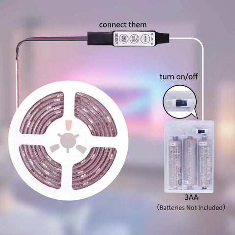 Battery Powered RGB LED Strip Lights 13.2ft With Three Button Controller and AA battery compartment shown