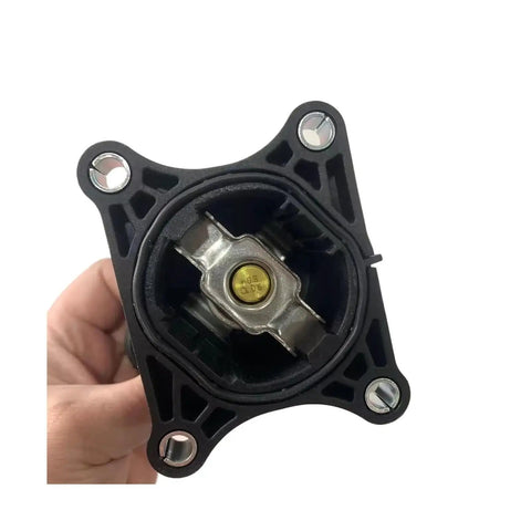 Premium Engine Coolant Thermostat Direct Fit For Volvo V40 V90 XC40 XC90 top view with metal and plastic components, easy installation