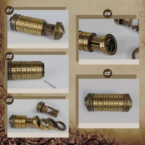 Da Vinci Code Inspired Mini Cryptex Lock Puzzle Box with Hidden Compartments in brass with password dial and details