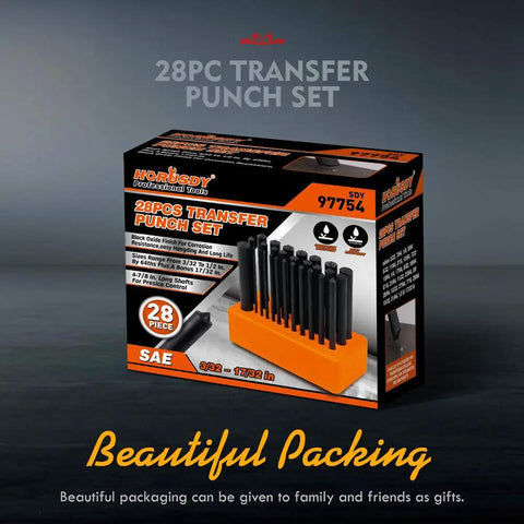 Transfer Punch Set 28-Piece in packaging with Easy View Index Stand and rust resistant black oxide finish.