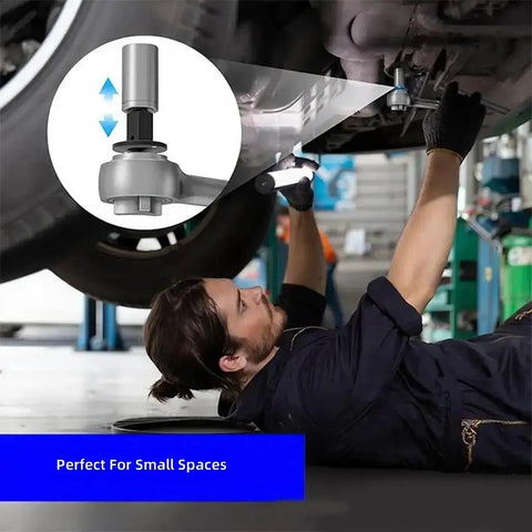Complete 4-Piece Impact Socket Adapter Set With Magnetic Drive Ratchet Converter Kit For Tight Spaces, Covers 1/4 To 3/8 And Up To 1 Inch Cr-Mo Steel Automotive Repair Tools You Need Now. mechanic using adapter under vehicle in tight space