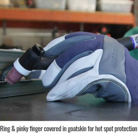 Close-up of Premium Grain Goatskin TIG Welding Glove with Flame Resistant Cotton Kevlar Stitching in use on welding setup.