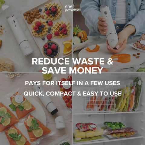 Compact Handheld Vacuum Sealer For Food with 30 Reusable Bags Quick 5 Second Seal in use with fresh produce and vacuum bags