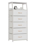Five Drawer White Dresser With Wood Top And Steel Frame, Vertical Fabric Storage Tower, modern and durable design.