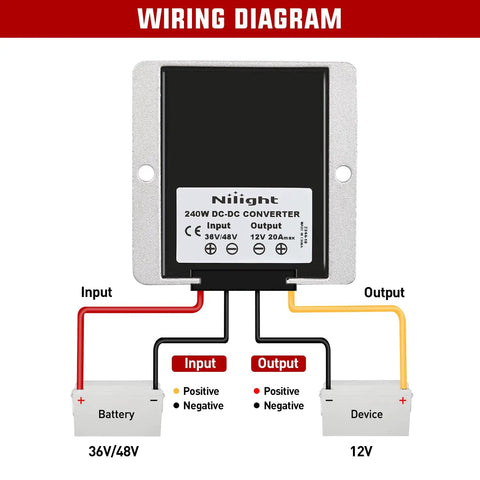 Wiring diagram for Heavy Duty DC To DC Step Down Converter, showing connections for 36V/48V to 12V output.