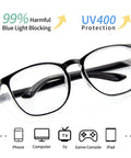 Anti Fog Safety Glasses For Men And Women With Blue Light Blocking Lenses Lightweight TR90 Half Frame Eyewear shown with icons.