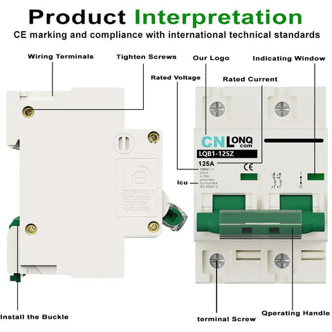 Heavy Duty Solar Disconnect Switch Rated For 125 Amps And 1000V DC showing wiring terminals and labeled parts for installation.
