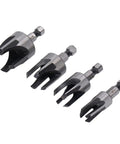 Top Tier Carbon Steel Tapered Plug Cutter Set Of Four With Hex Shank Handles, 1/4 to 5/8 inch sizes for woodworking.