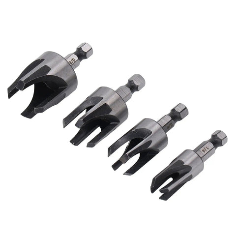 Top Tier Carbon Steel Tapered Plug Cutter Set Of Four With Hex Shank Handles, 1/4 to 5/8 inch sizes for woodworking.