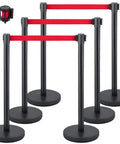 Six Piece Crowd Control Stanchion Set With 6.6 Feet Red Retractable Belt Rubber Base Easy Connect Assembly Durable Metal Poles