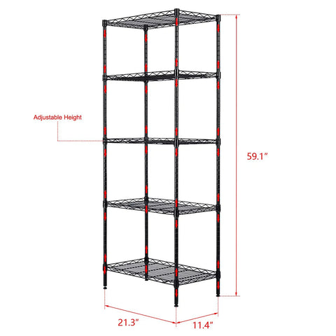 Hassle Free Five Tier Floor Standing Carbon Steel Storage Rack With Heavy Duty Adjustable Wire Shelving Rig and Sturdy Mesh Guardrails. Size: 59.1" x 21.3" x 11.4".