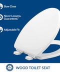 Heavy Duty White Elongated Toilet Seat With Dead Quiet Slow Close Action And Reinforced Wood Core That Locks Down Tight Zero Shift Or Slamming For A Straight Up Hassle Free Easy Install adjustable fit and slow close features shown.