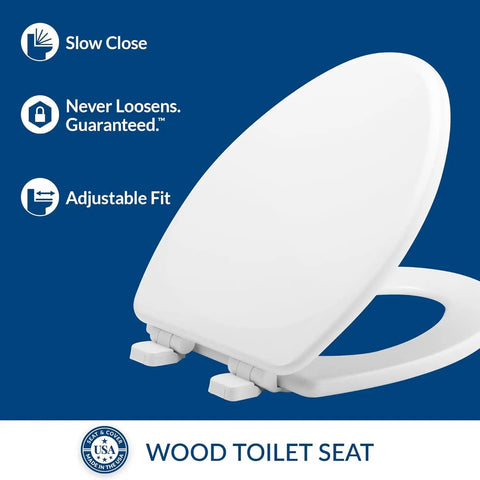 Heavy Duty White Elongated Toilet Seat With Dead Quiet Slow Close Action And Reinforced Wood Core That Locks Down Tight Zero Shift Or Slamming For A Straight Up Hassle Free Easy Install adjustable fit and slow close features shown.