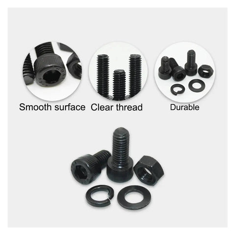 Heavy Duty 12.9 Grade Black Hex Socket Cap Screws Nuts Set M2.5 To M6 DIN912 2500Pcs Mixed Sizes High Strength Carbon Steel With Wear Resistant Black Finish Anti Rust And Anti Oxidation Includes Matching Nuts For Wide Assembly Use M3 M4 M5 close-up of black socket screws, nuts, washer and lock washer