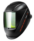 Welding helmet, black, side view with large green viewing window and side adjustment knob, 3D Pro style.