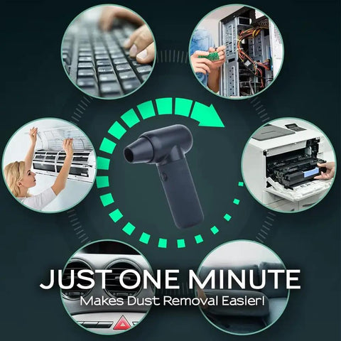 Cordless Electric Air Duster with 3 Gear Mini Portable Jet Dry Blower for versatile cleaning, shown near various electronics and appliances.
